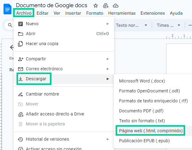 descargar web html google docs